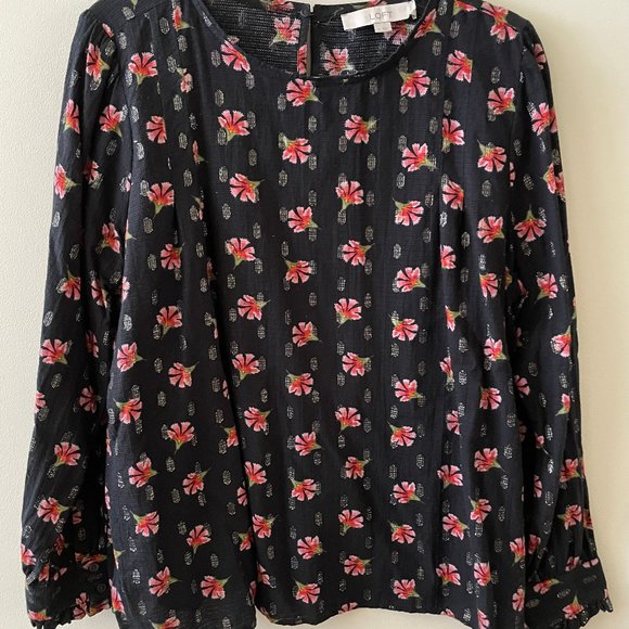 LOFT Black Floral Long Sleeve Blouse - Size L - Picture 1 of 8
